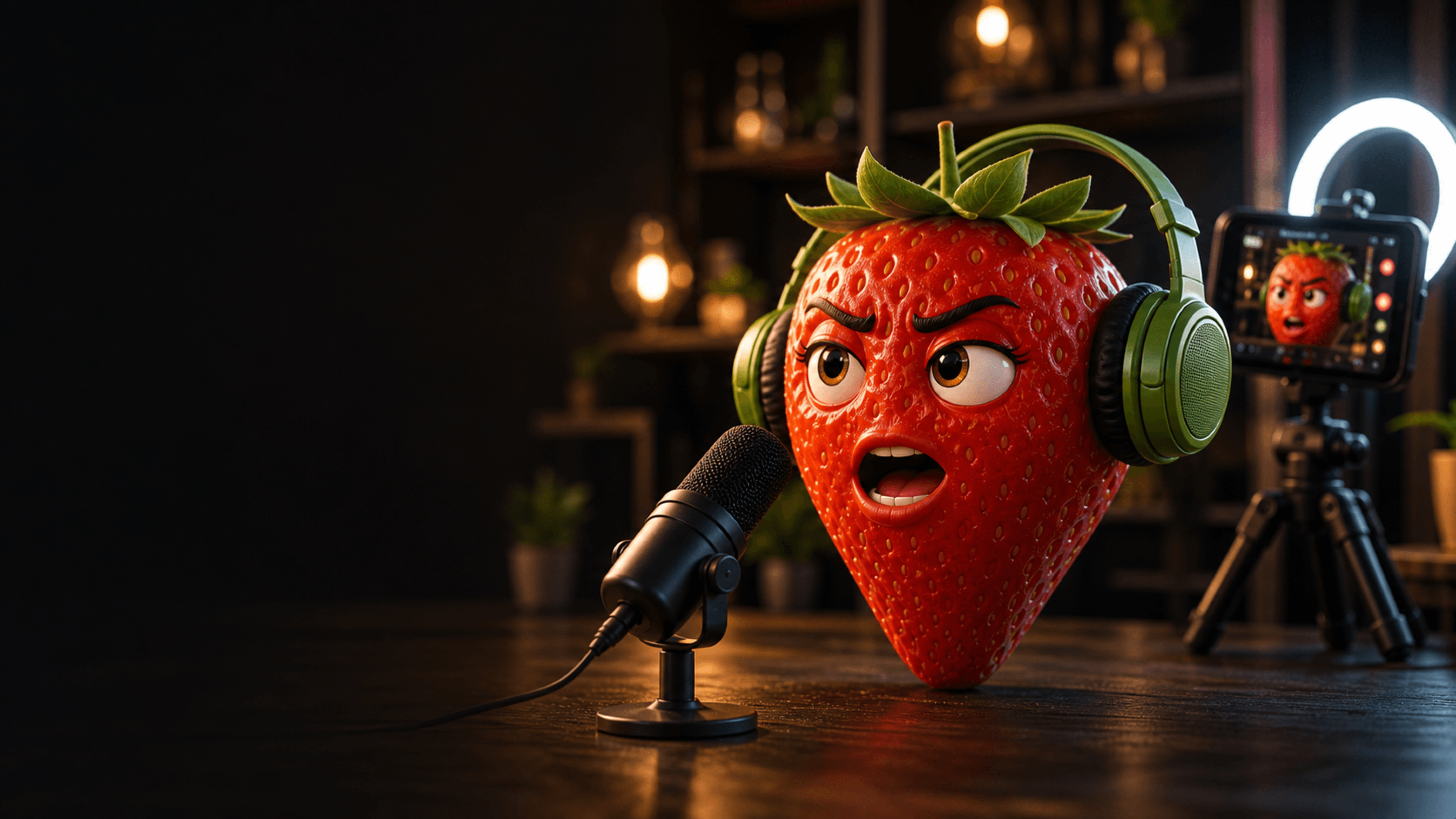 Talking strawberry awaiting a generated video.